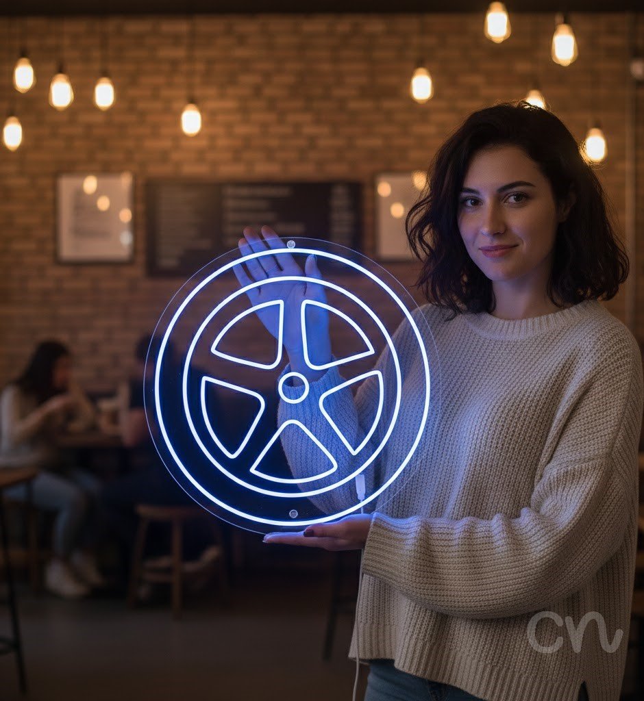 Custom Neon | Car Wheel Neon Sign | 24x24 | Blue Neon Sign for Car Lovers and Gift