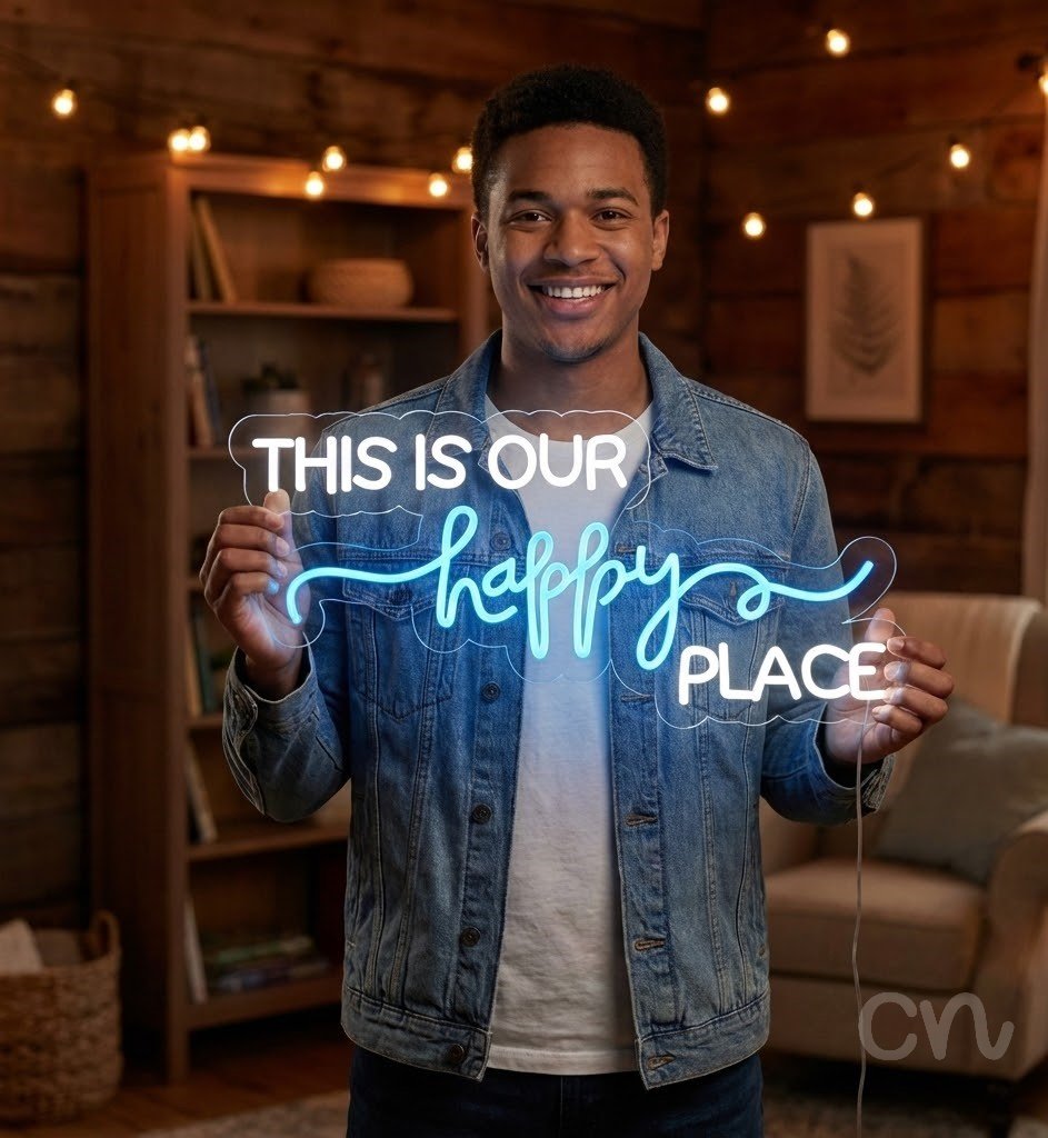 Custom Neon | This is Our Happy Place Neon Sign | 30x14 | White and Blue