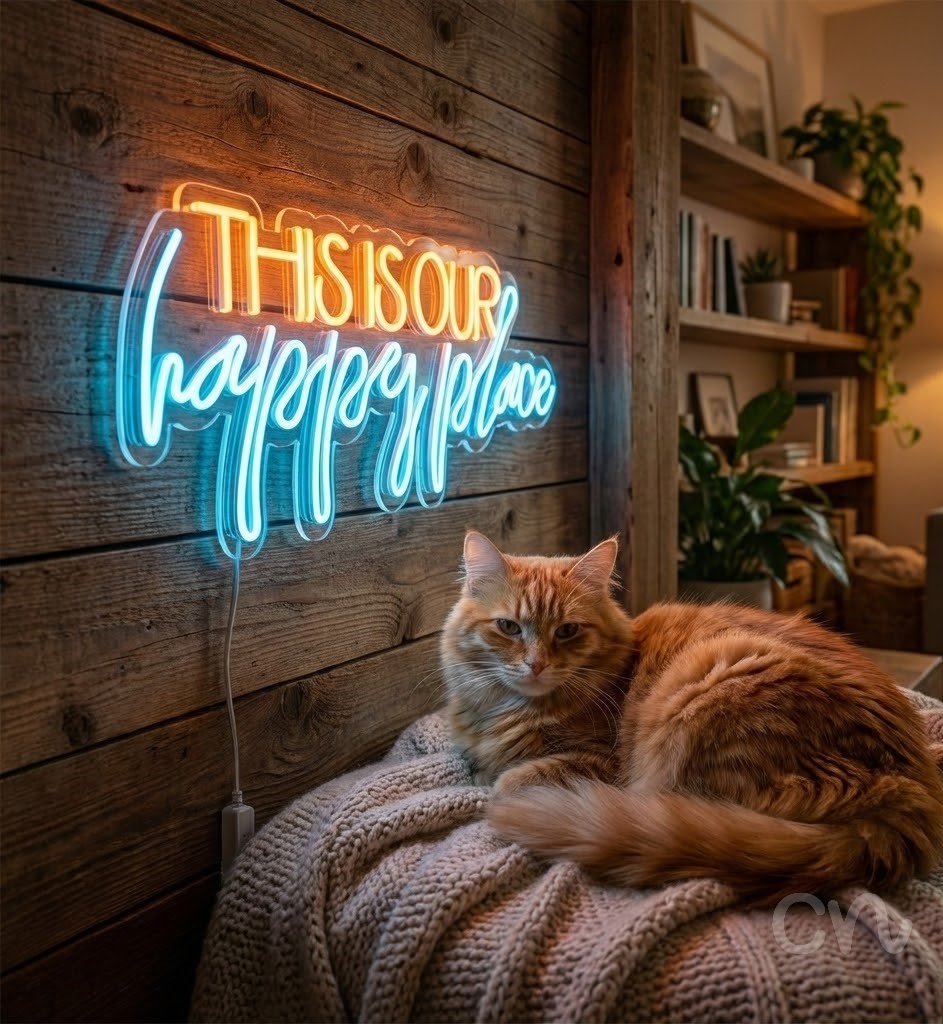 Custom Neon | This is Our Happy Place Neon Sign | 30x14 | Orange and Blue