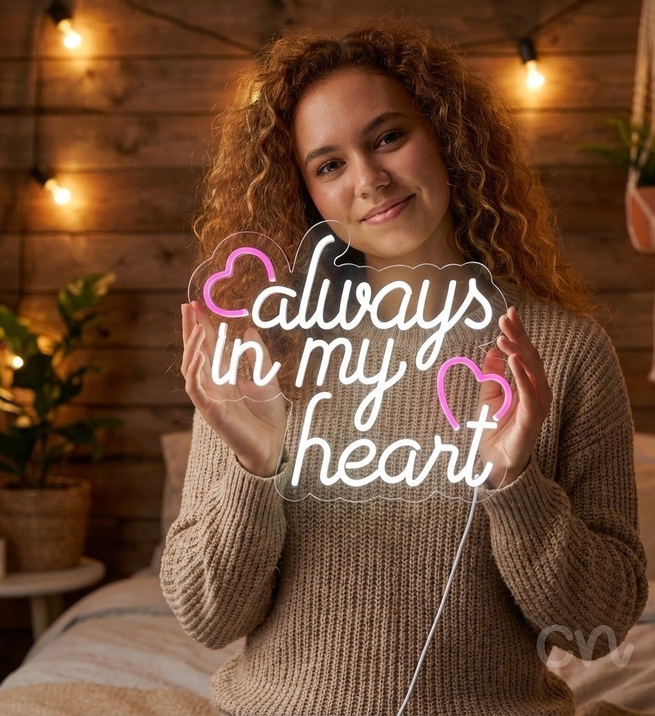 Custom Neon | Always in My Heart Neon Sign | 24x20 | Warm White and Hot Pink