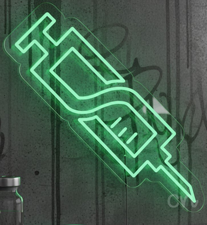 Custom Neon | Syringe Neon Sign | 22x21 | Green Light for Medical Clinics and Gifts