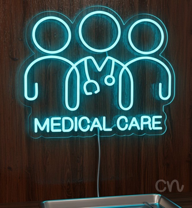 Custom Neon | Medical Care Neon Sign | 16x20 | Ice Blue Neon Sign for Medical Office
