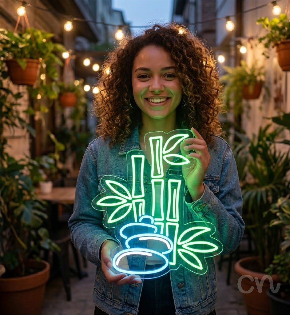 Custom Neon | Bamboo and Stones Neon Sign | 24x21 Inches | Green and Light Blue