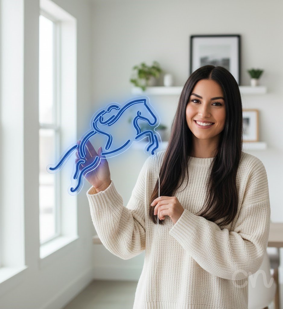 Custom Neon | Horse and Rider Neon Sign | 22x24 | Ice Blue Neon Sign for Wall Decor