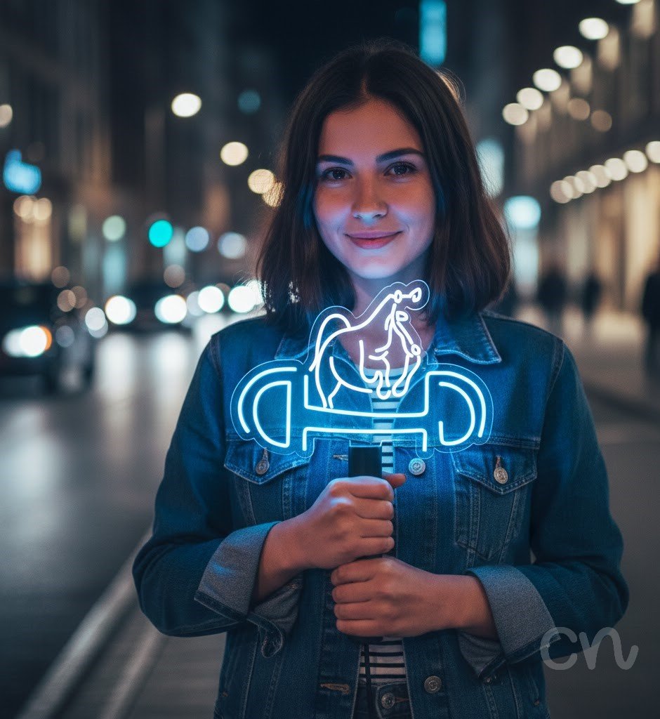 Custom Neon | Horse and Horseshoe Neon Sign | 19x28 | Ice Blue and Warm White