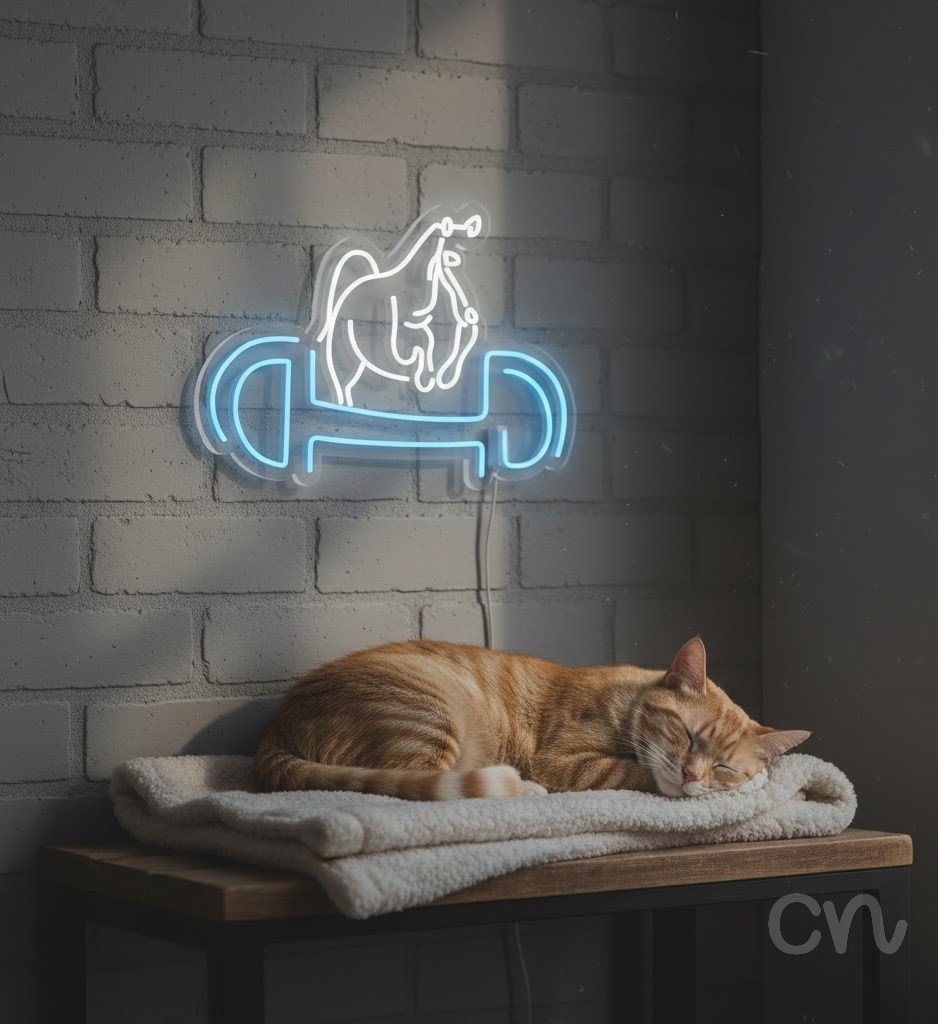 Custom Neon | Horse and Horseshoe Neon Sign | 19x28 | Ice Blue and Warm White 2