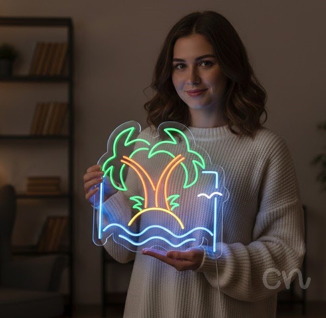 Custom Neon | Palm Trees on Island Neon Sign | 24x24 | Green Orange Blue Yellow White