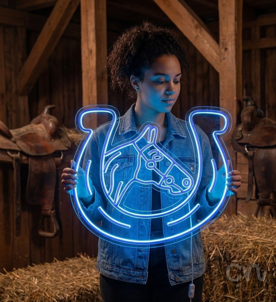 Custom Neon | Horse Head in Horseshoe Neon Sign | 24x25 | Ice Blue