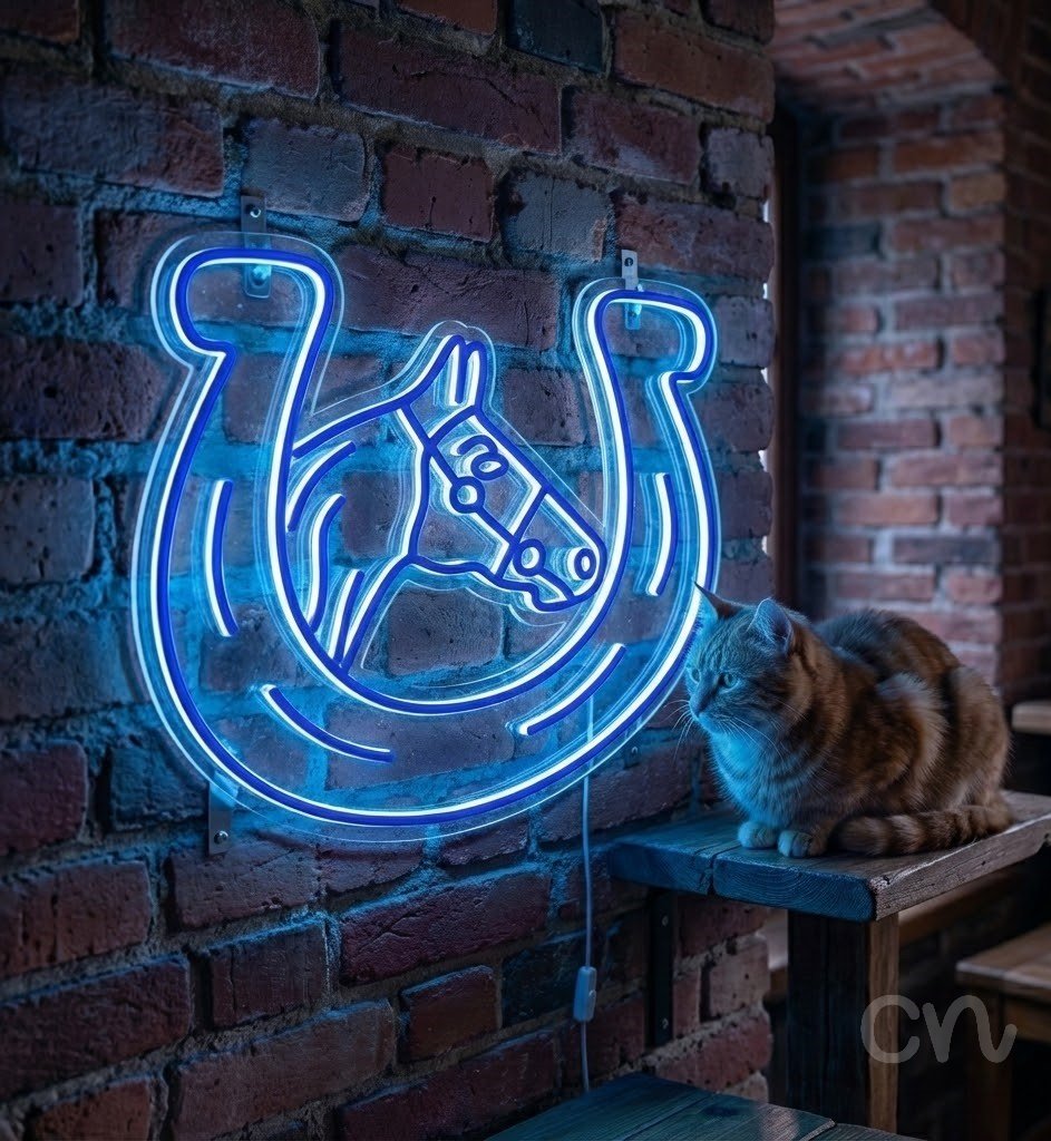 Custom Neon | Horse Head in Horseshoe Neon Sign | 24x25 | Ice Blue 2