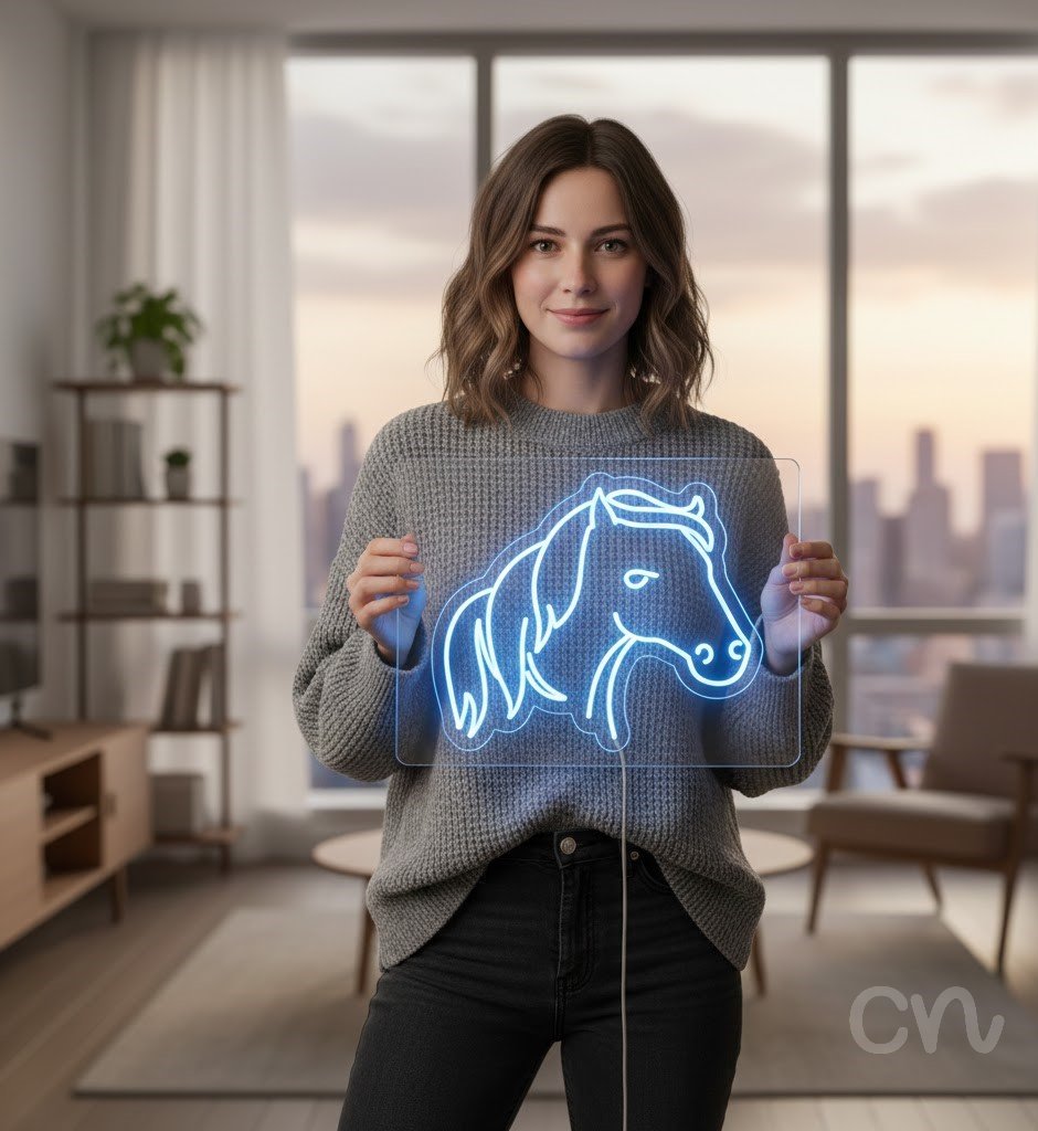 Custom Neon | Horse Head Neon Sign | 21x24 Inch | Ice Blue Neon Light