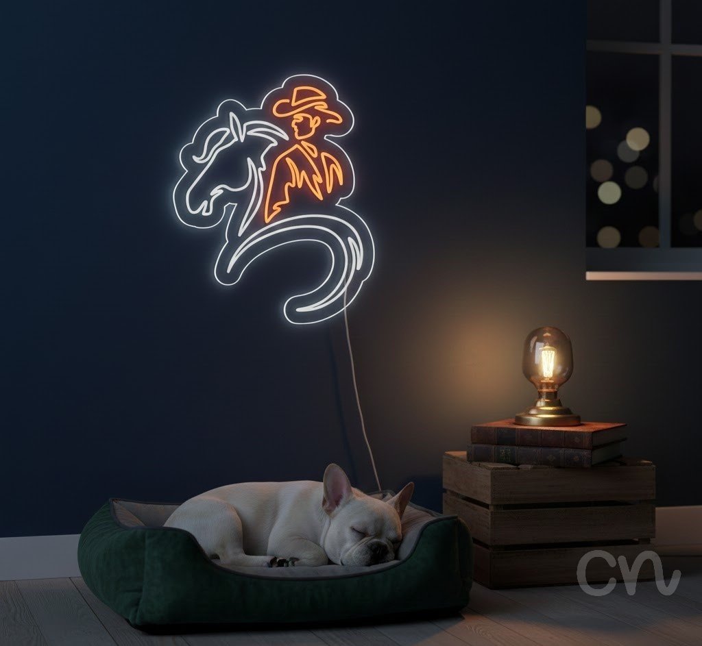 Custom Neon | Cowboy Riding Horse Neon Sign | 30x25 | Orange White Neon Sign 2