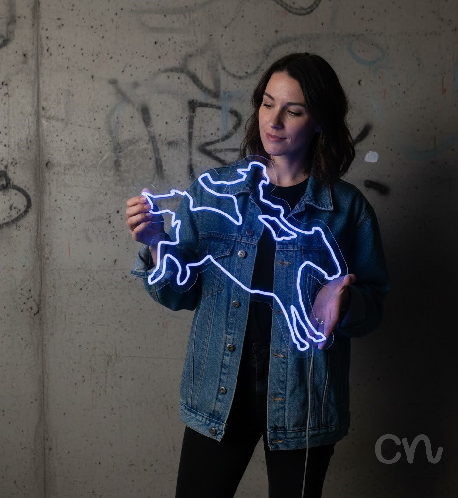 Custom Neon | Cowboy on Horse Neon Sign | 24x25 | Blue Neon Sign for Western Decor