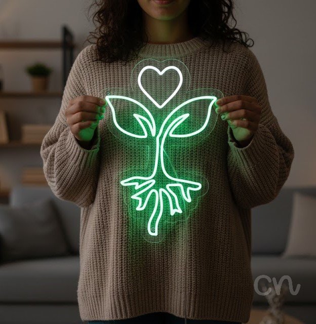 Custom Neon | Plant with Heart Neon Sign | 24x17 | Green Neon Sign for Home Decor