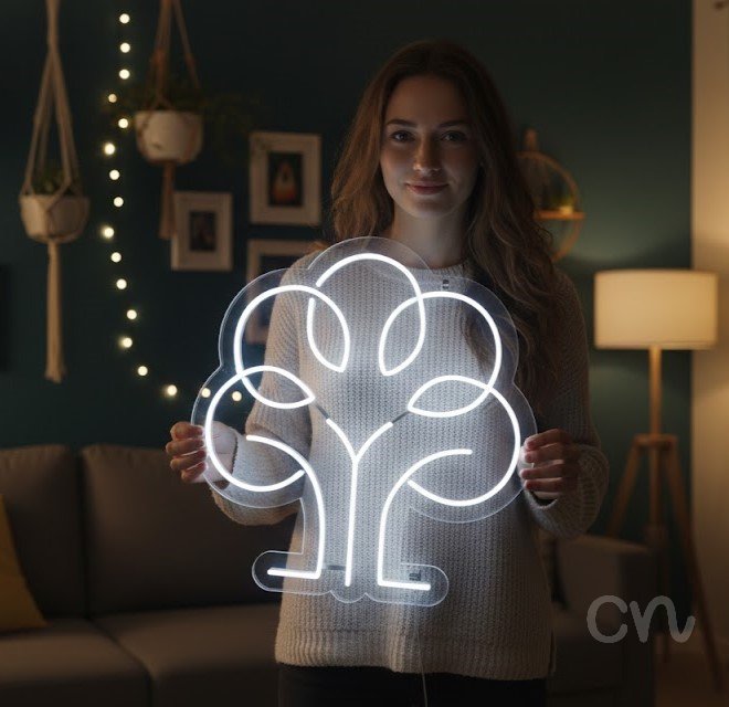 Custom Neon | Tree Design Neon Sign | 24x23 Inches | White Neon Sign for Home Decor