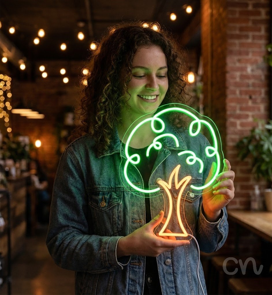 Custom Neon | Tree Design Neon Sign | 24x18 | Green, Orange Neon Sign for Home Decor