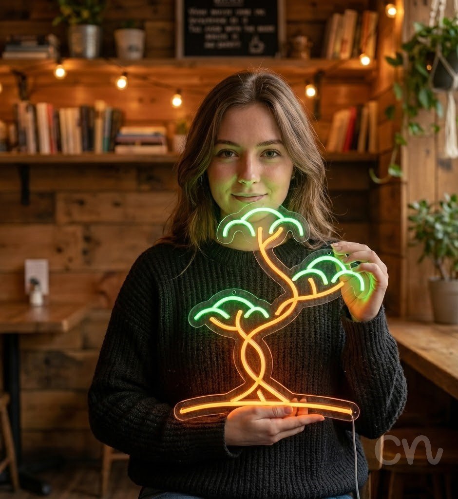 Custom Neon | Bonsai Tree Neon Sign | 18x21 Inches | Green and Orange Neon Sign