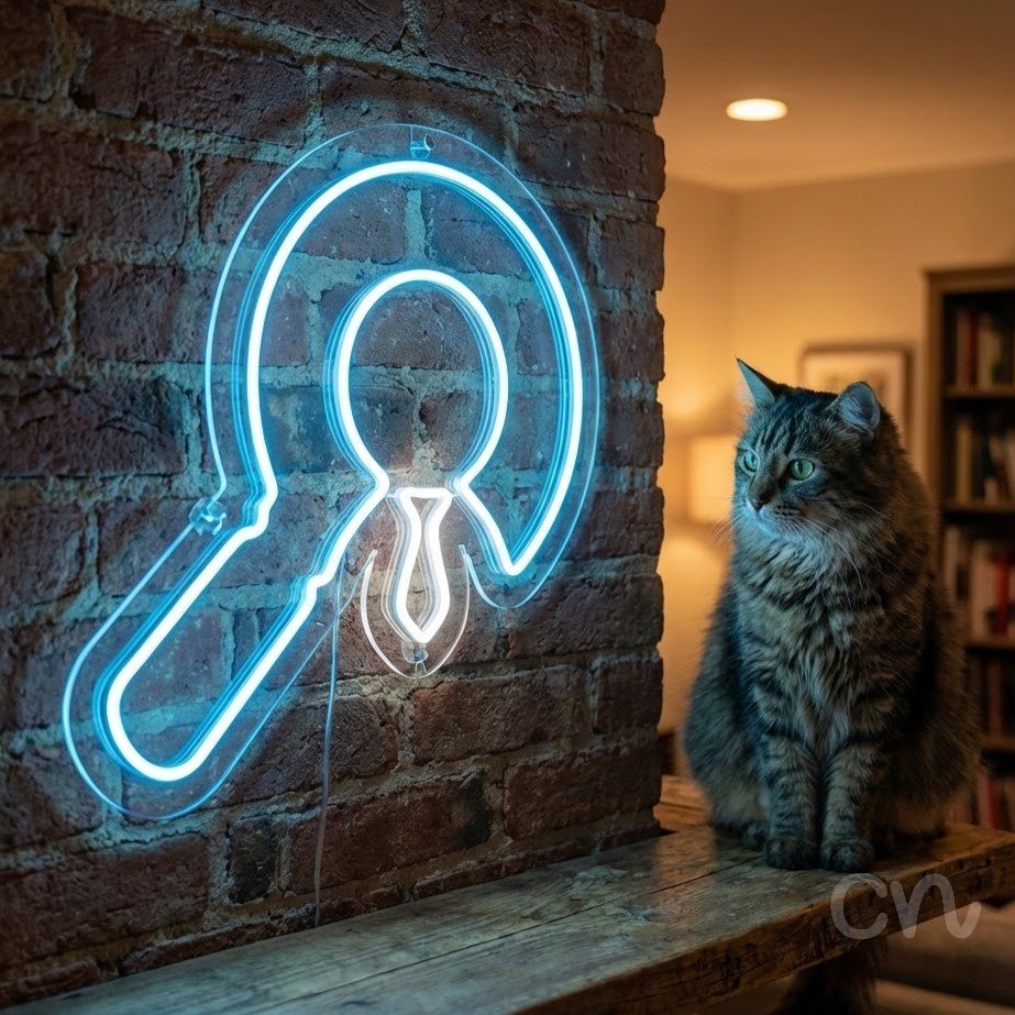 Custom Neon | Magnifying Glass with Tie Neon Sign | 24x24 | Ice Blue