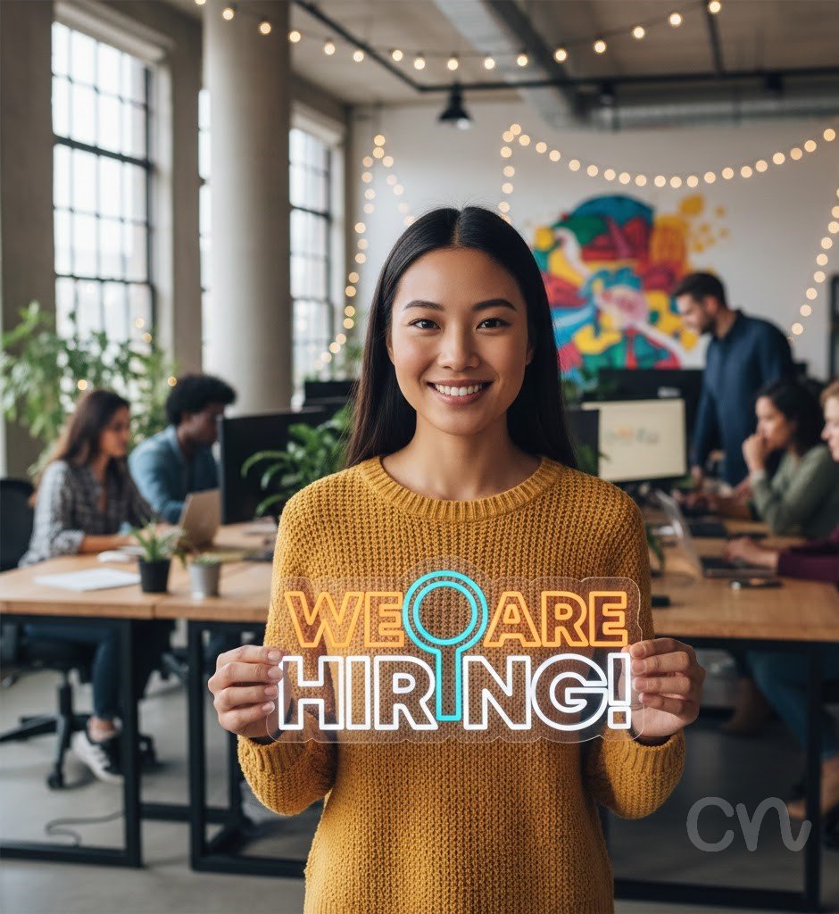 Custom Neon | We Are Hiring! Neon Sign | 12x24 | Orange and Light Blue