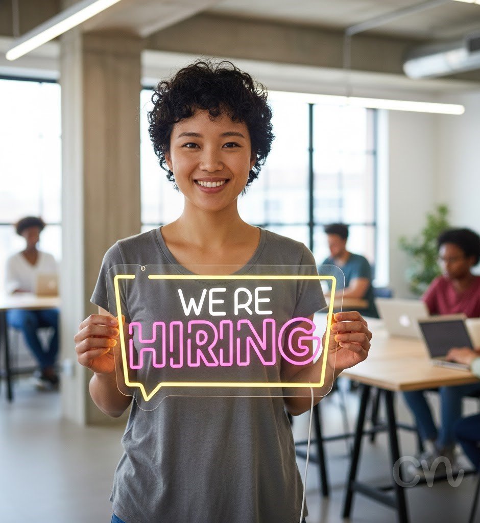 Custom Neon | We're Hiring Neon Sign | 13x24 | White Pink Yellow Bright Wall Decor