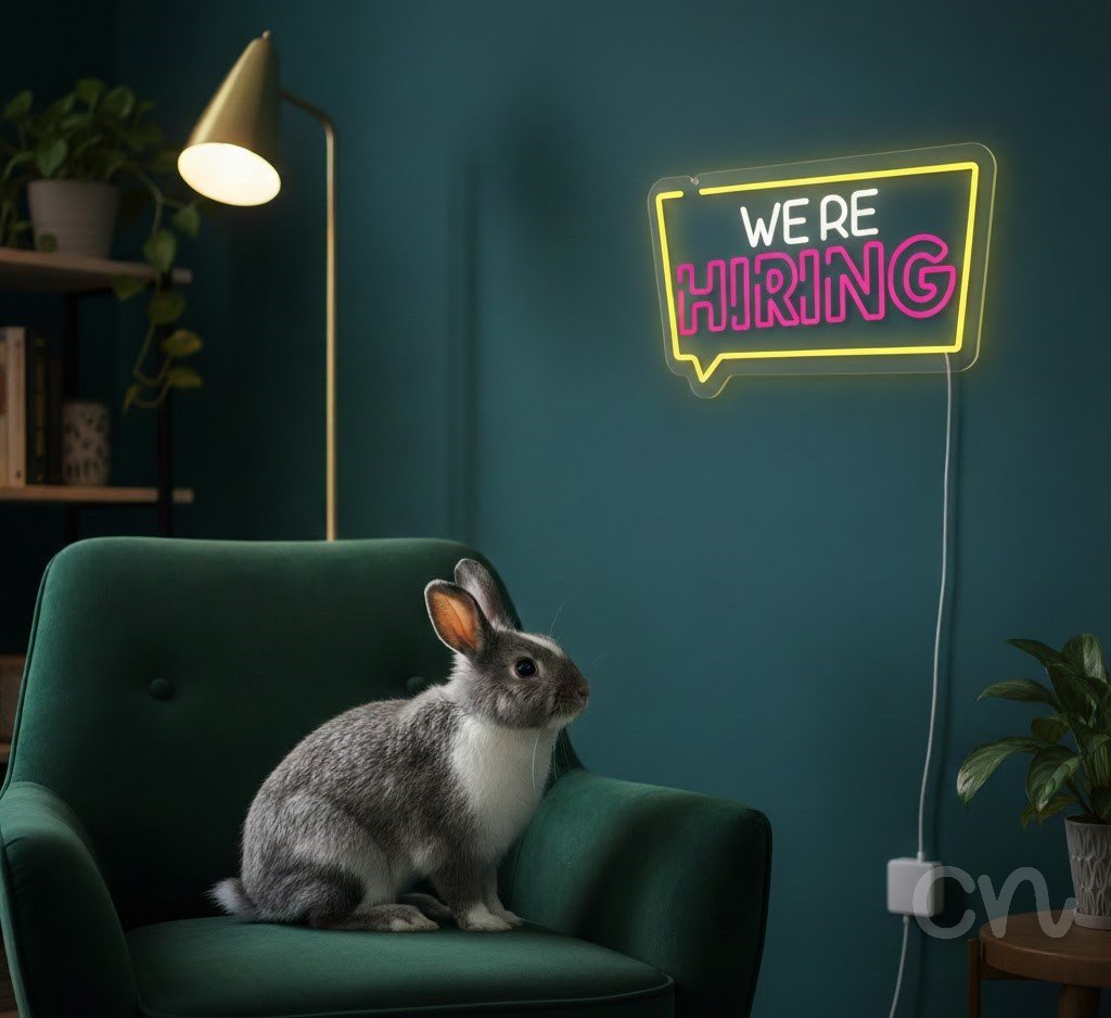 Custom Neon | We're Hiring Neon Sign | 13x24 | White Pink Yellow Bright Wall Decor 2