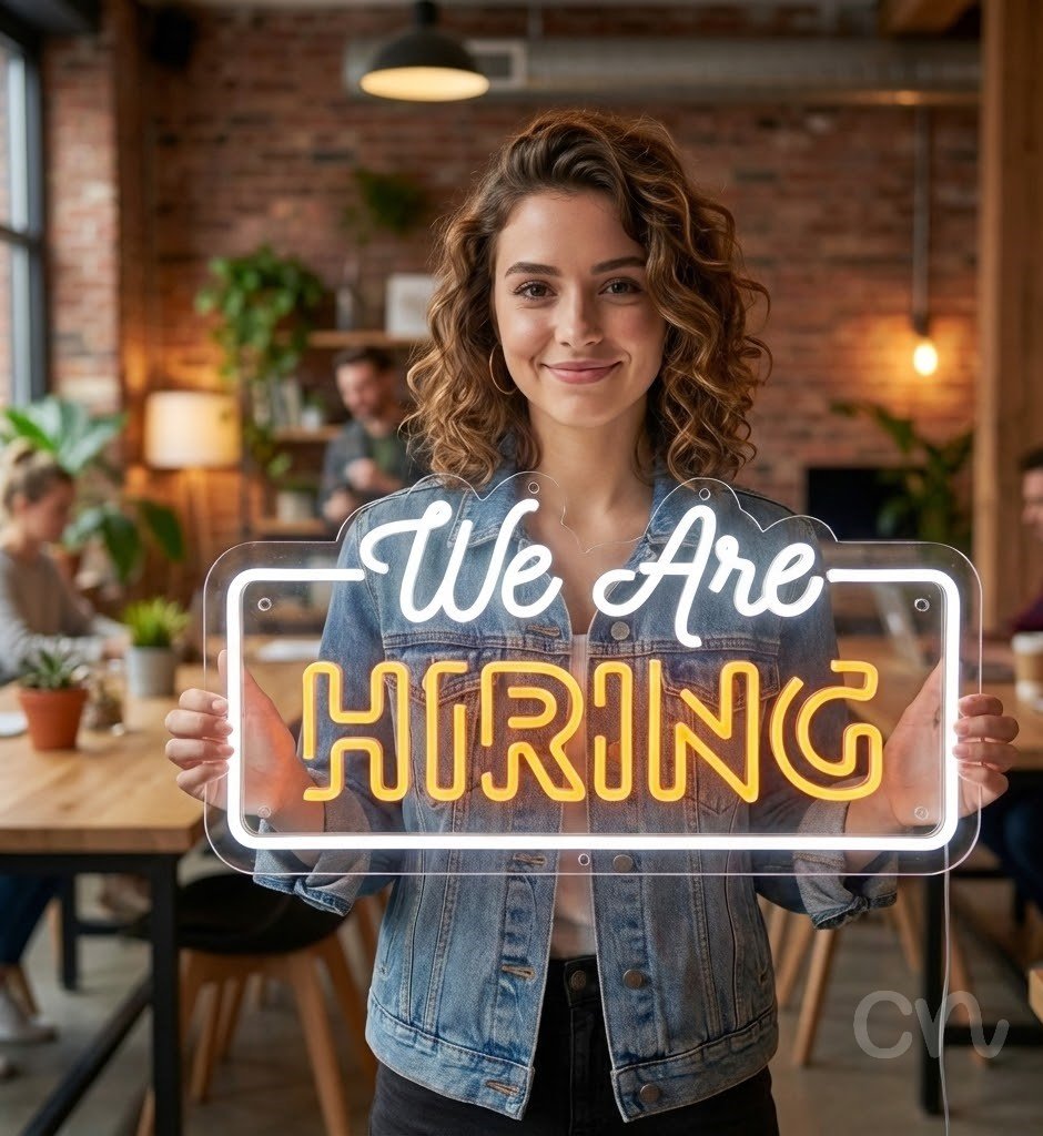 Custom Neon | We Are Hiring Neon Sign | 12x24 | White, Orange