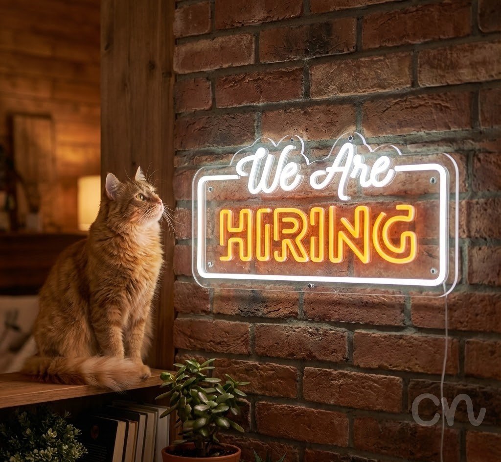 Custom Neon | We Are Hiring Neon Sign | 12x24 | White, Orange 2