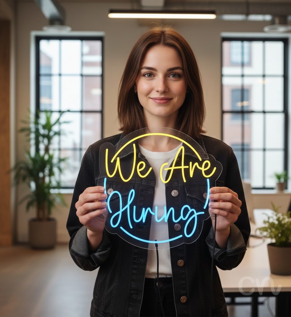 Custom Neon | We Are Hiring Neon Sign | 24x24 | Yellow Blue Colorful Neon Sign