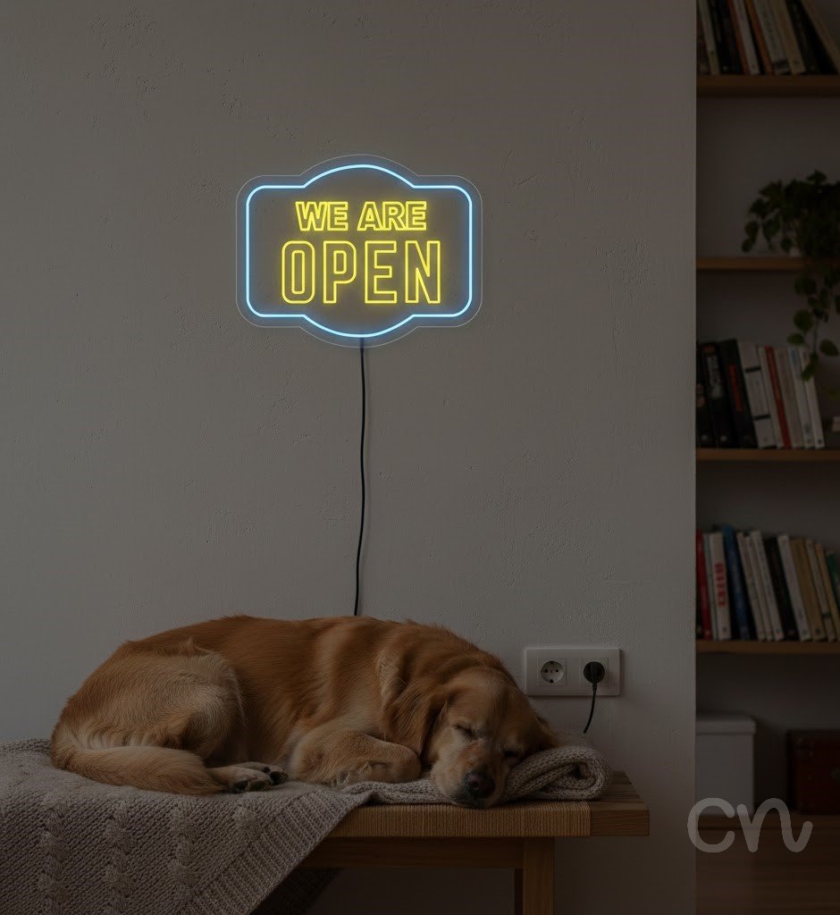 Custom Neon | We Are Open Neon Sign | 24x31 | Yellow and Blue 2