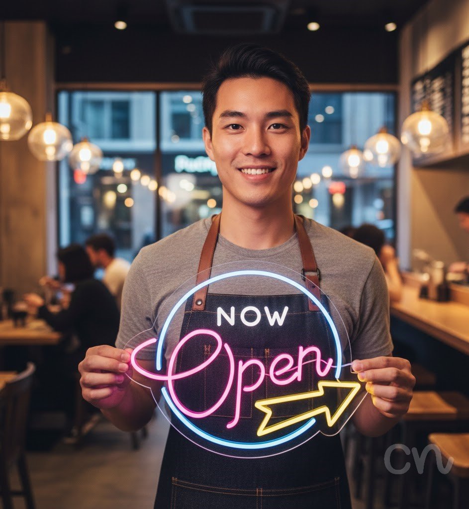 Custom Neon | Now Open Neon Sign | 19x24 Inches | Hot Pink Ice Blue Yellow Colors