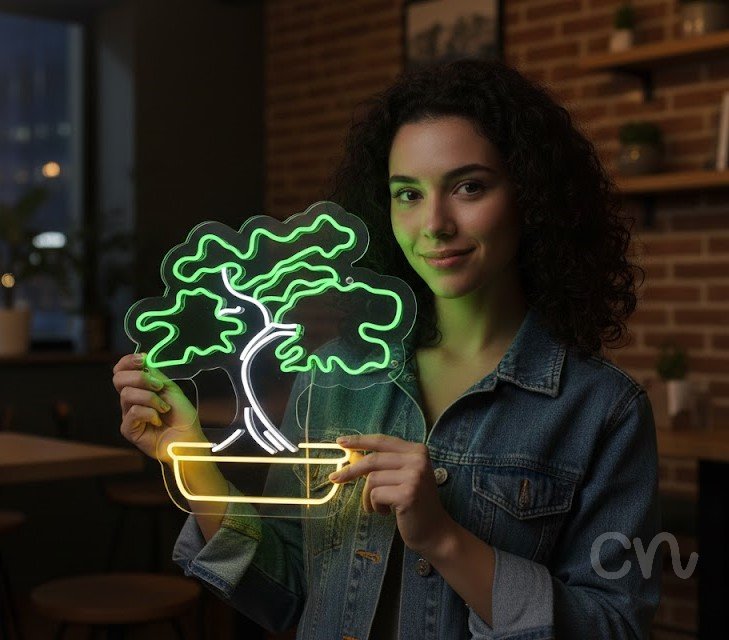 Custom Neon | Bonsai Tree Neon Sign | 24x24 | Green Yellow Illuminated Artwork