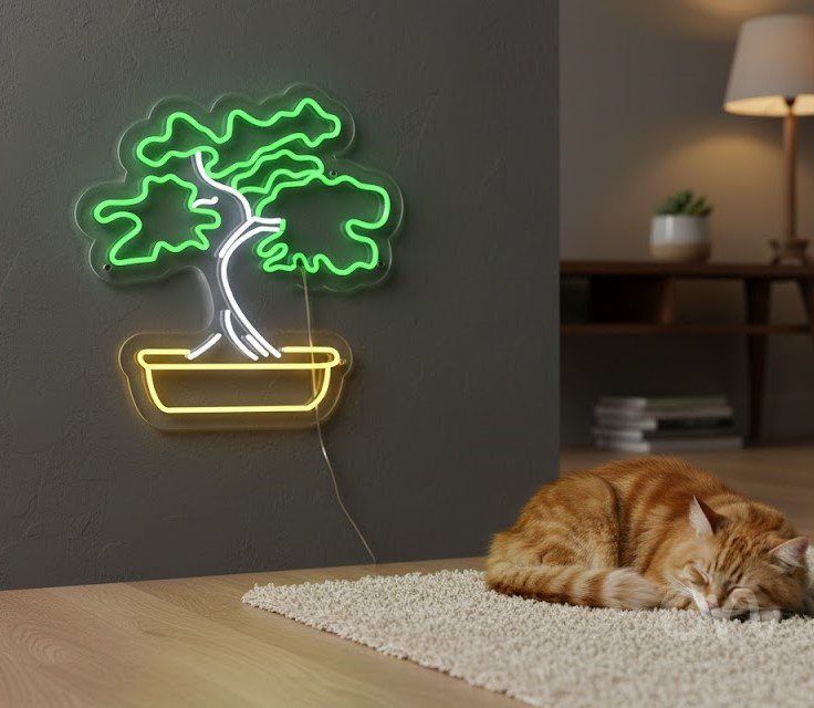 Custom Neon | Bonsai Tree Neon Sign | 24x24 | Green Yellow Illuminated Artwork 2