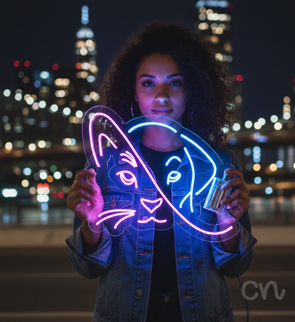 Custom Neon | Cat and Dog Neon Sign | 24x28 | Hot Pink and Ice Blue Neon Sign