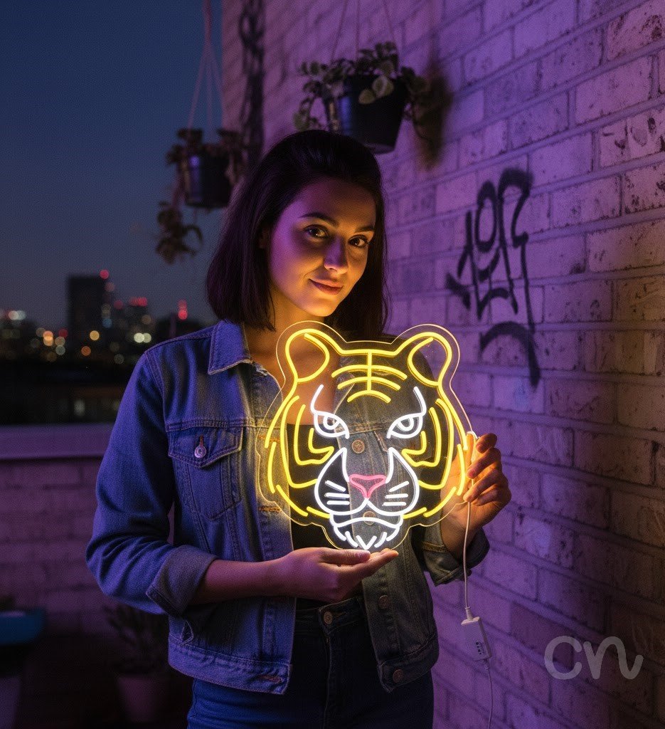 Custom Neon | Tiger Face Neon Sign | 26x24 Inches | Yellow and Pink Neon Light