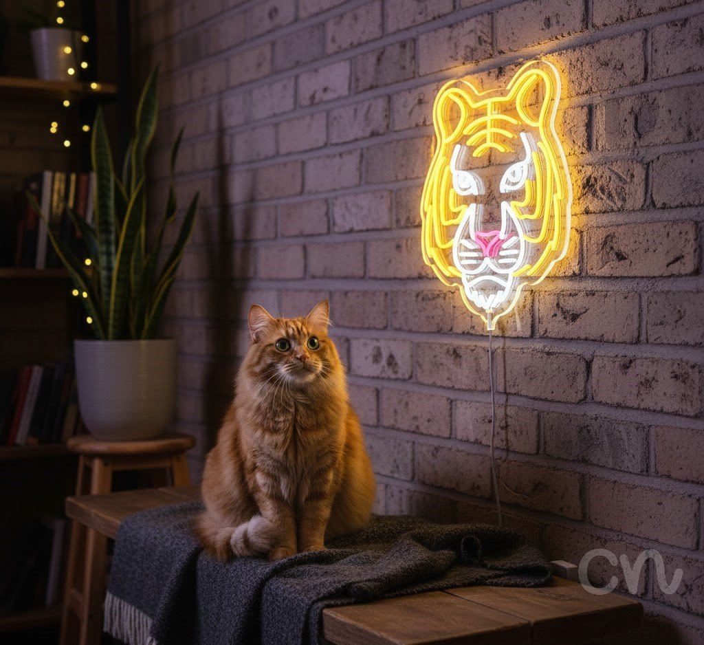 Custom Neon | Tiger Face Neon Sign | 26x24 Inches | Yellow and Pink Neon Light 2