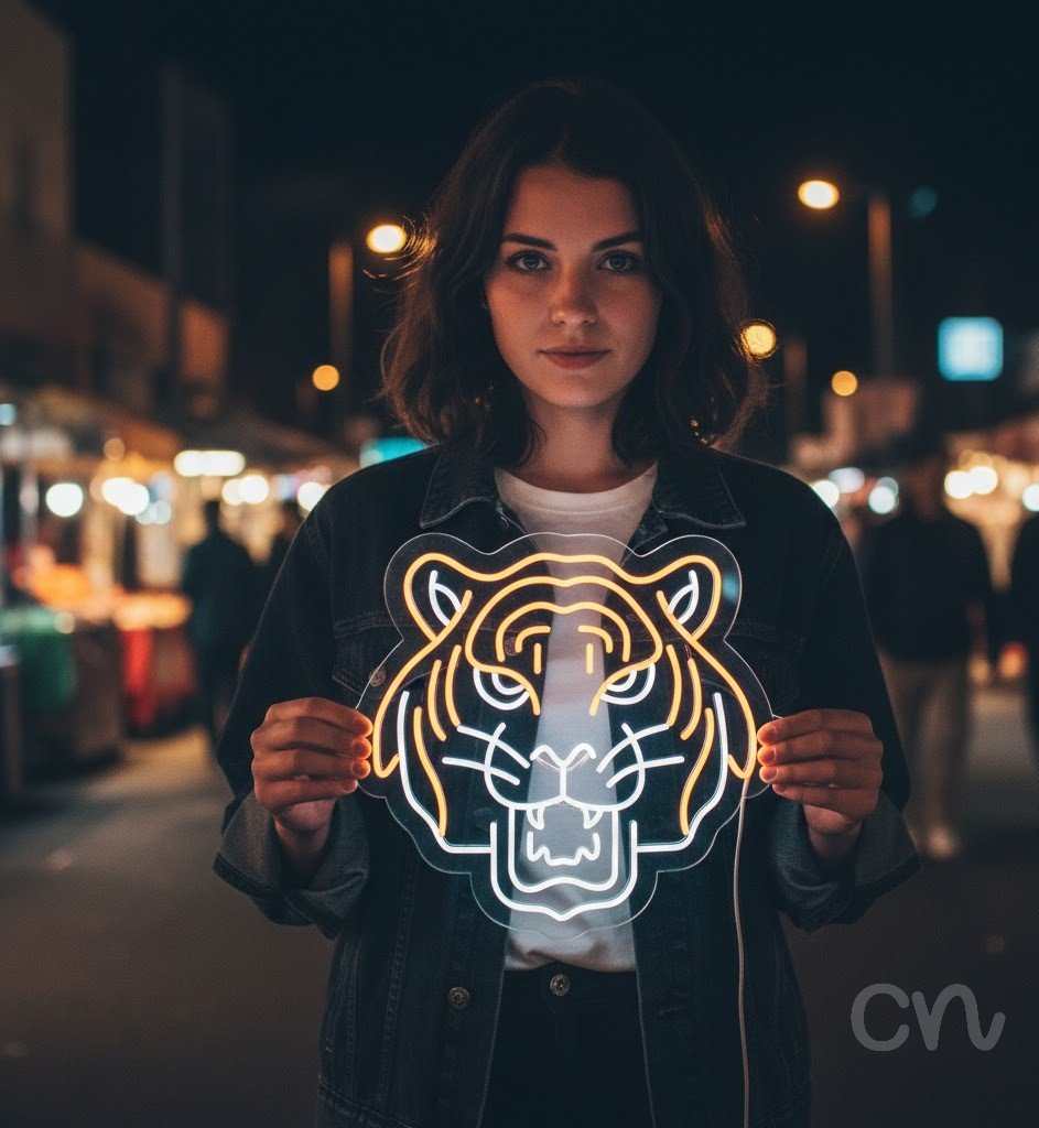 Custom Neon | Tiger Face Neon Sign | 23x24 Inch | Orange and White Neon Sign