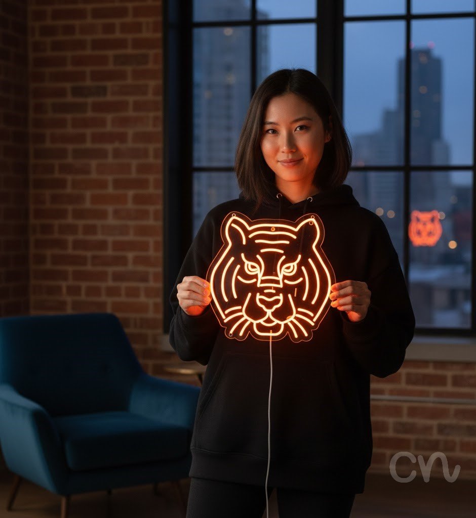 Custom Neon | Tiger Face Neon Sign | 24x24 Inch | Orange Neon Sign for Home Decor