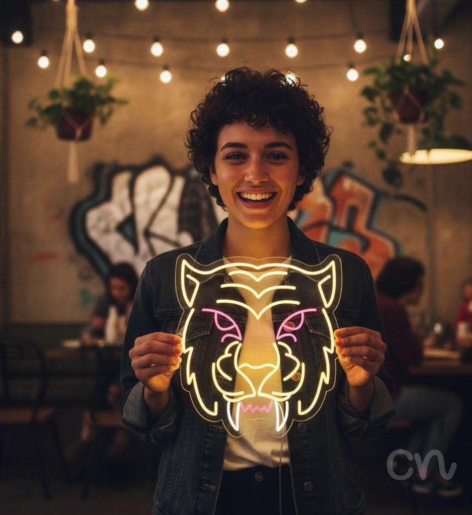 Custom Neon | Tiger Face Neon Sign | 24x22 | Yellow Pink Colors for Unique Decor