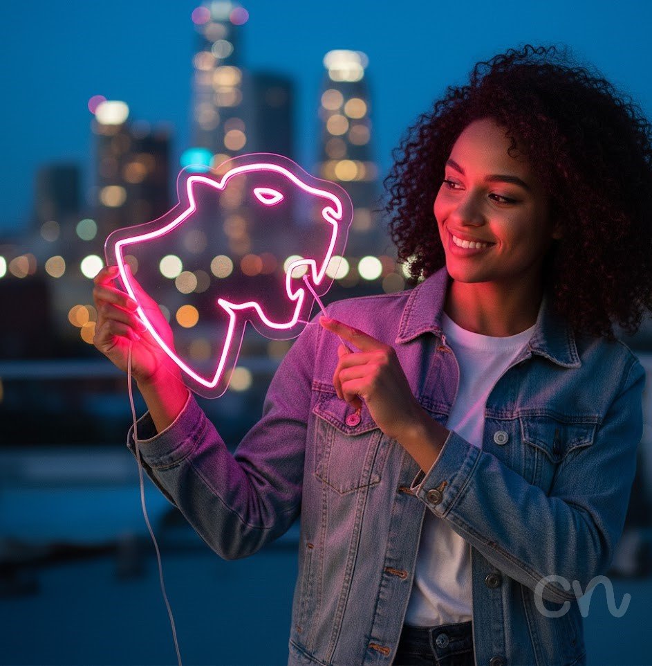 Custom Neon | Panther Heads Design Neon Sign | 19x24 | Hot Pink Ice Blue Yellow