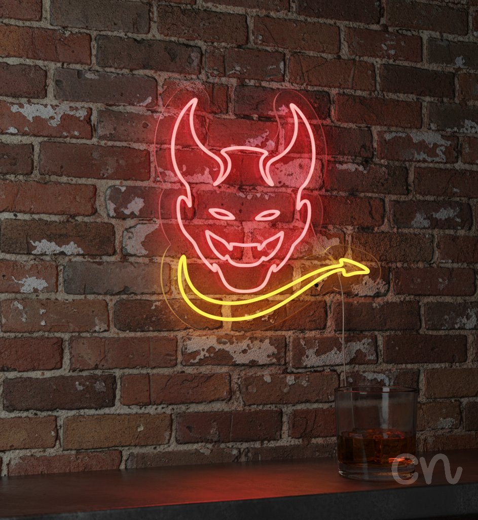 Custom Neon | Demon Face Neon Sign | 25x24 Inches | Red and Yellow Neon Sign