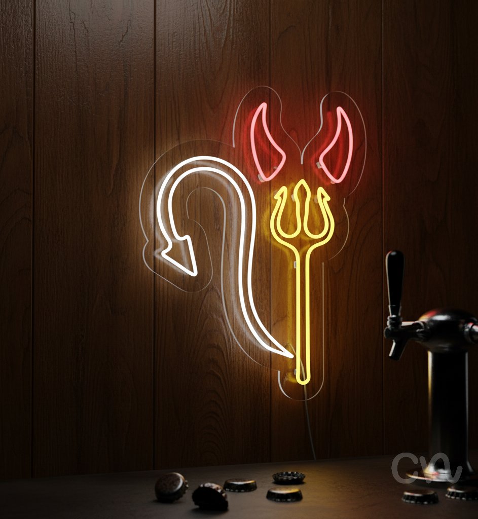 Custom Neon | Devil Tail with Trident Neon Sign | 32x24 | Red, Yellow, White
