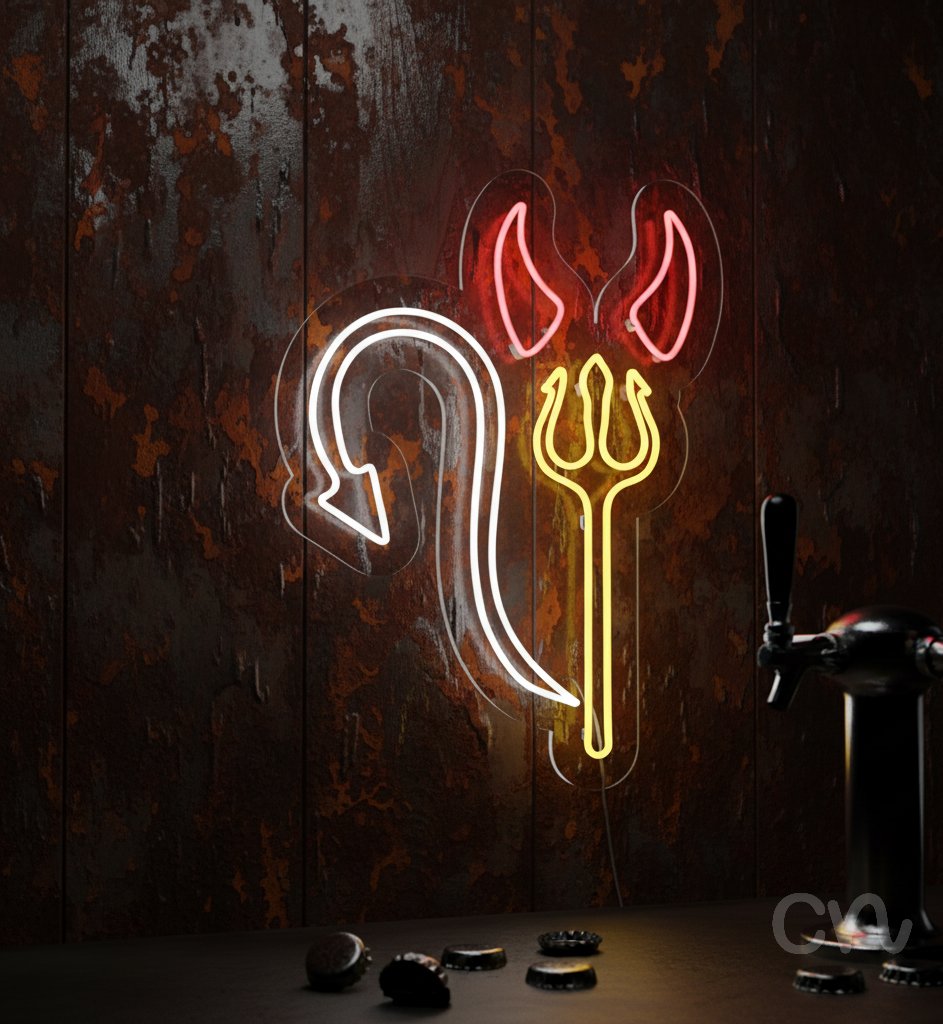 Custom Neon | Devil Tail with Trident Neon Sign | 32x24 | Red, Yellow, White 2