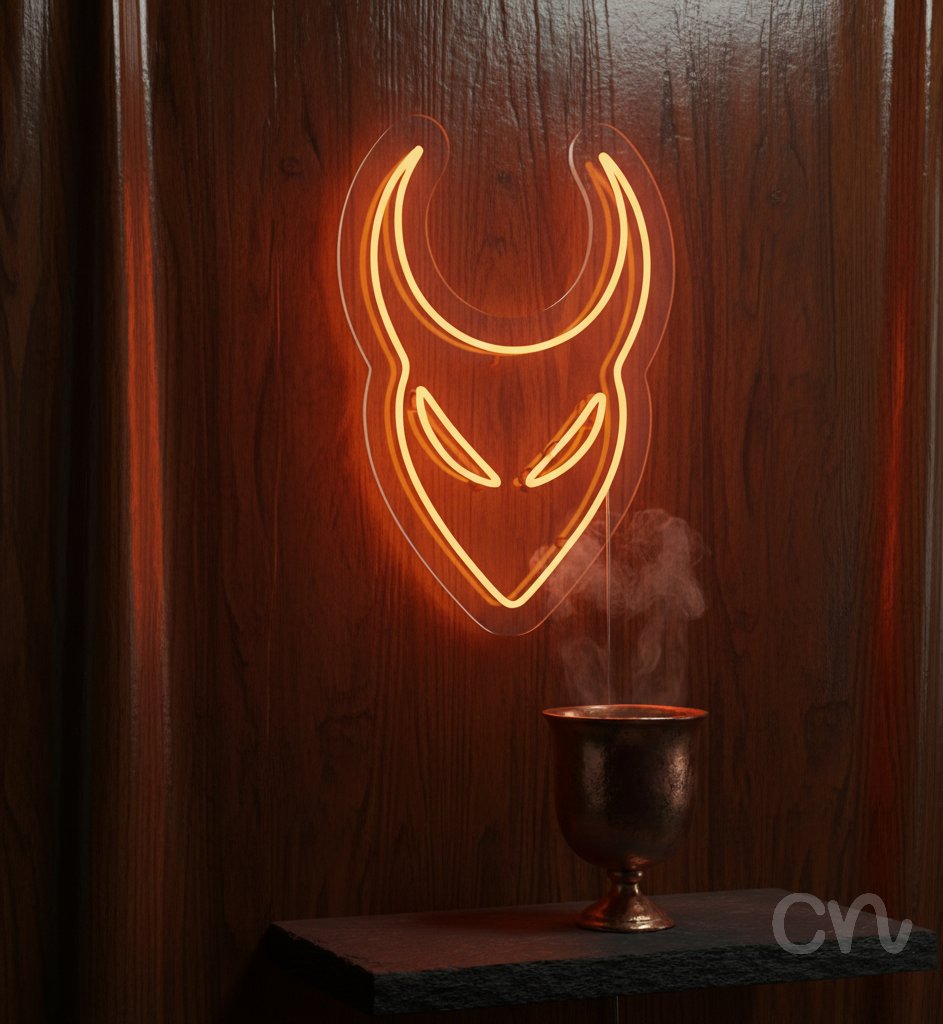 Custom Neon | Horned Mask Neon Sign | 24x16 | Orange Light for Bars Clubs Rooms
