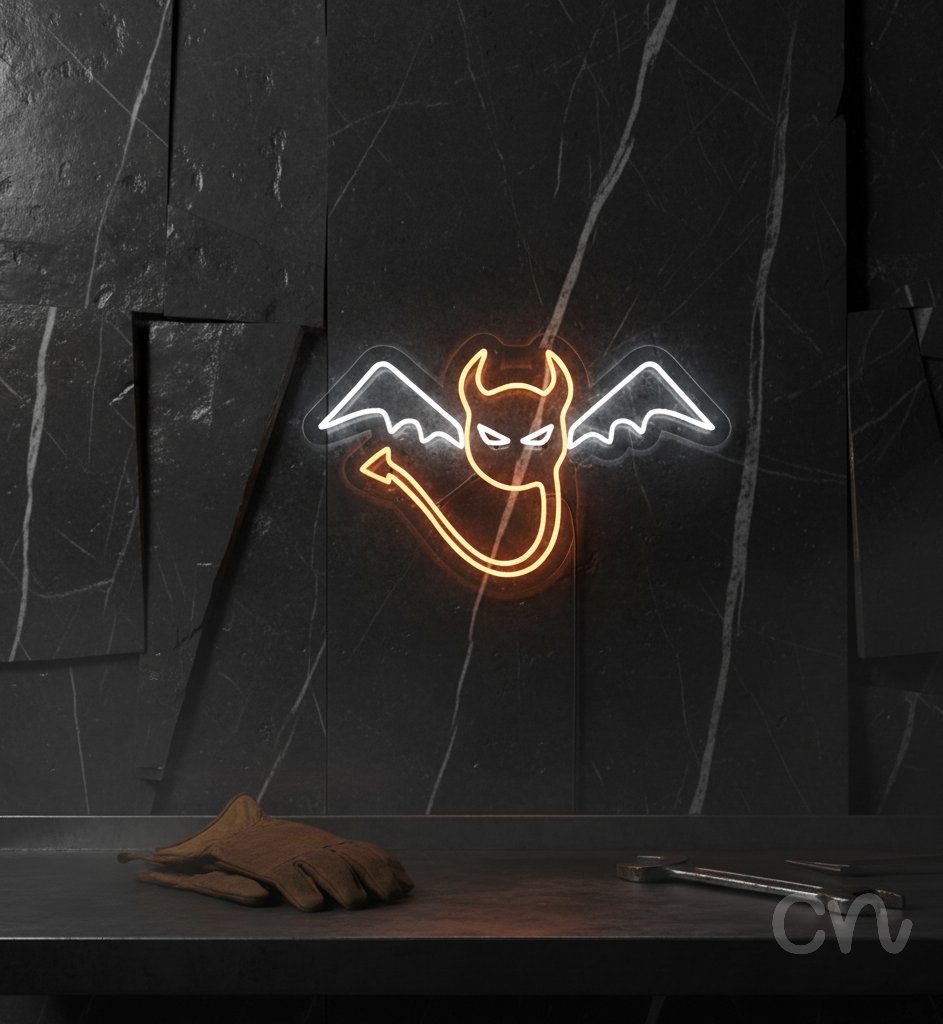 Custom Neon | Devil with Wings Neon Sign | 24x21 Inches | Orange and White Neon Sign