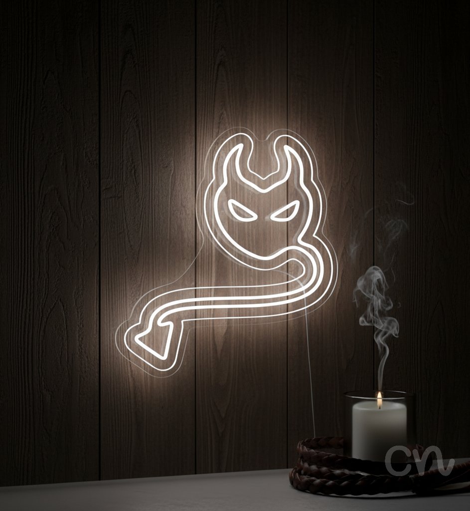 Custom Neon | Devil Face with Tail Neon Sign | 24x22 Inches | White Neon Sign