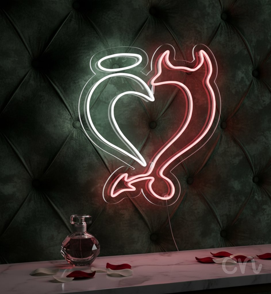 Custom Neon | Angel and Devil Heart Neon Sign | 26x23 | Hot Pink and Warm White