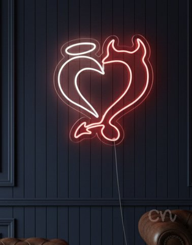 Custom Neon | Angel and Devil Heart Neon Sign | 26x23 | Hot Pink and Warm White 2