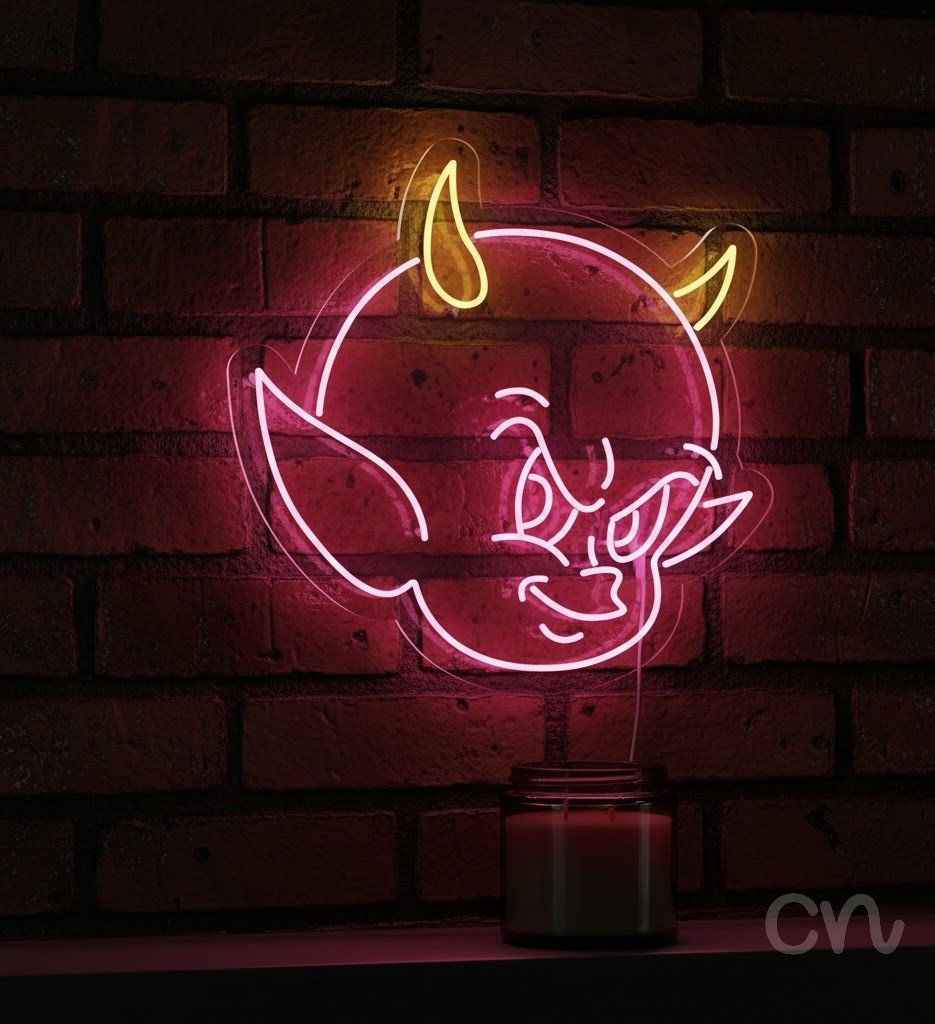 Custom Neon | Devil Face Neon Sign | 30x30 | Red and Yellow Neon Sign for Decor