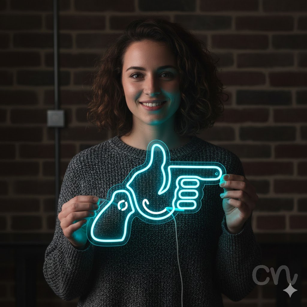 Custom Neon | Pointing Hand Neon Sign | 18x24 | Ice Blue Neon Sign for Decor