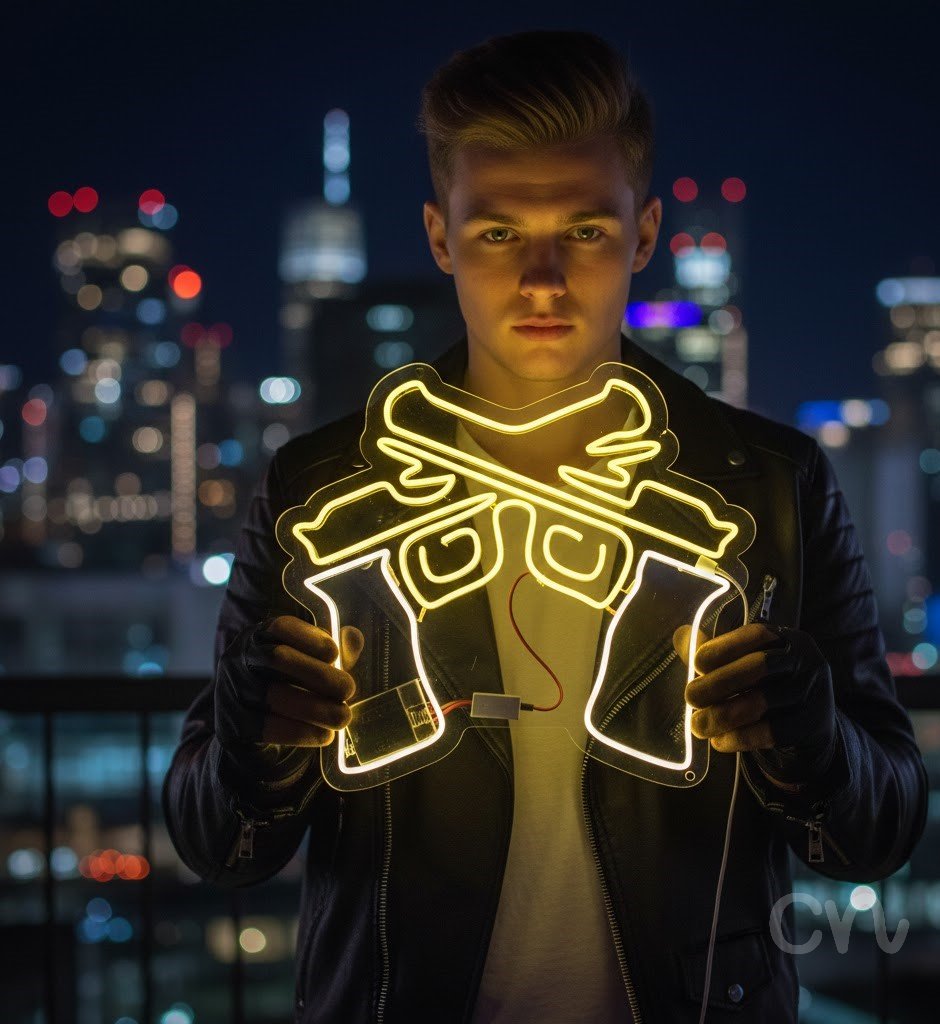 Custom Neon | Crossed Pistols Neon Sign | 24x27 | Yellow Neon Sign for Bar Man Cave