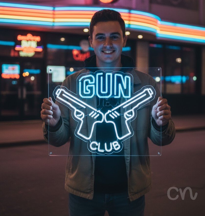 Custom Neon | Gun Club Neon Sign | 20x24 | Ice Blue Warm White Light